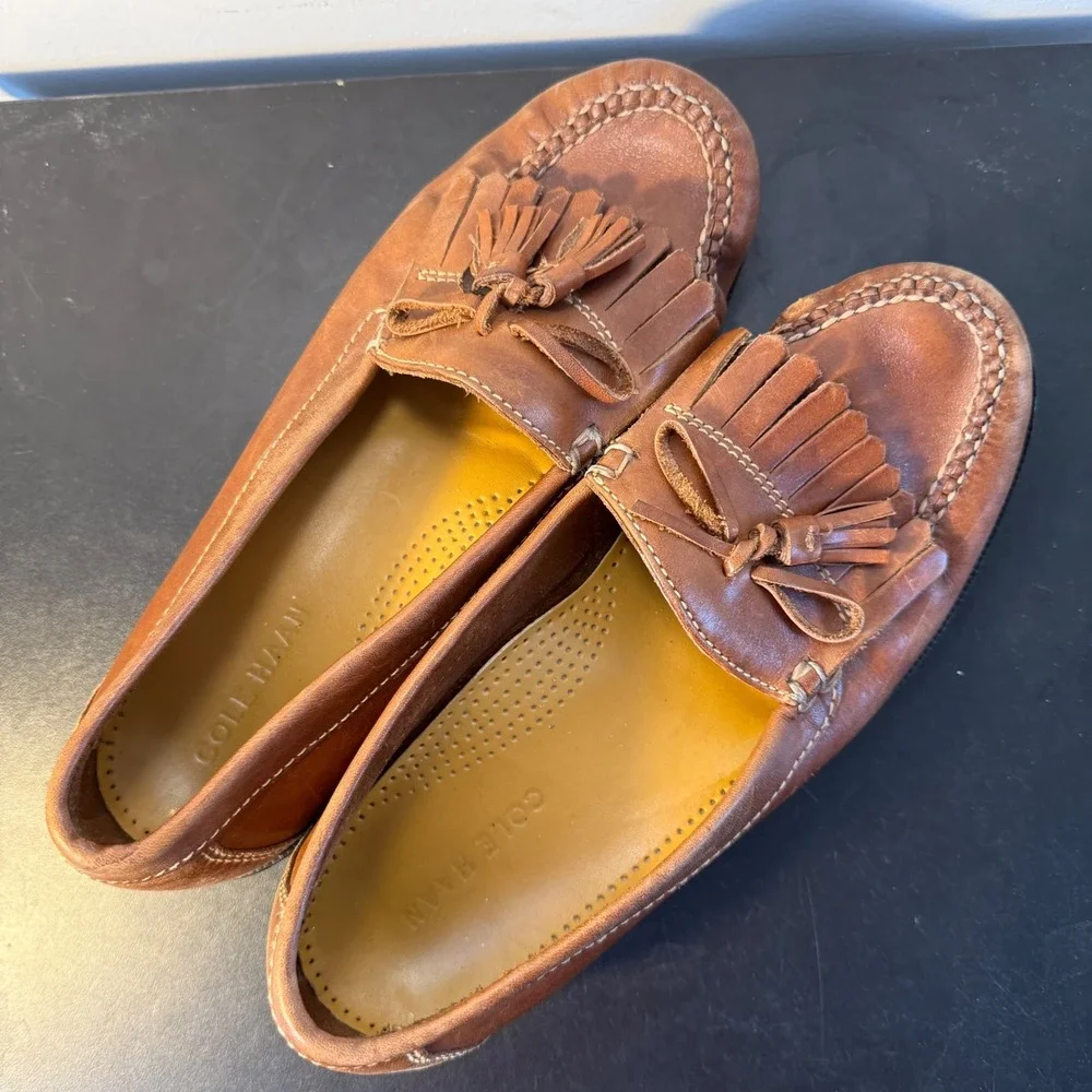Cole Haan Tan‎ Leather Kiltie Tassel Loafers Shoes Mens Size 8 M Business Casual